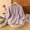 Novo top de verão em algodão e linho estilo vintage, cor sólida, manga curta, soltinho e versátil, camisa afunilada com gola redonda estilo étnico