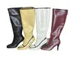Botas altas retro de cuero genuino transfronterizas para mujer, punta en forma de C, hebilla de color contrastante, cremallera trasera, tacón de aguja, zapatos de talla grande para mujer para exportación