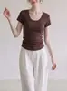 Blusa Casual Branca de Manga Curta com Gola U para Mulheres, Slim Fit, Simples, Verão 2026