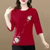 Comercio exterior transfronterizo ropa de maternidad, camiseta de manga tres cuartos para mujeres de mediana edad y mayores, corte holgado, talla grande, adelgazante, versátil, top estampado de cuello redondo