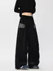 Pantalones negros holgados de estilo callejero americano, con pliegues, de corte curvo para hombre, pantalones deportivos casuales de verano con retazos a cuadros