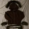 Sudadera con Cremallera y Cuello de Piel Transfronterizo Europeo y Americano, Estilo Callejero Vintage, Sudadera con Capucha Retro para Otoño e Invierno Parejas