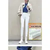 Jeans Ajustados Blancos de Invierno Gruesos con Forro de Polar de Cintura Alta para Mujer Pantalones Acampanados Elásticos Cálidos Adelgazantes para Mujer