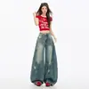 Jeans anchos retro desgastados de calle americana para mujer, nuevos pantalones versátiles de cintura alta tipo sickle banana de primavera-verano