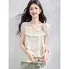 Ropa de Mujer de Comercio Exterior en Stock, Fotos Reales, Blusa de Cuadrado Nuevo Estilo Verano 2026, Camisa Top Adelgazante de Mujer con Patrón de Pastel y Cinta