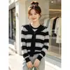 Suéter de punto con cordones y cuello a rayas azul marino popular este otoño para mujer, top holgado de manga larga, nuevo estilo primavera y otoño, prenda base