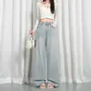 Sencillos, de alta gama, ambiente relajado, jeans ajustados de pierna recta estrecha en color azul claro para mujer, longitud regular y extendida, admite envío directo