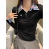 Camiseta de Manga Larga a Cuadros Estilo Americano con Cuello Polo de Hombro Recto para Mujer, Nuevo Top de Bloques de Color Delgado Adelgazante de Dos Piezas Falsas para Primavera y Otoño