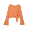 Camiseta feminina de proteção solar com amarração, manga longa, solta, estilo "garota picante", nova para primavera, casual, irregular, top esportivo para dança