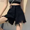 Shorts de Mezclilla Rasgados Negros para Mujer, Nuevo Estilo Verano 2026, Estilo Trendy Ins, Tallas Grandes, Hot Pants con Borde Deshilachado, Shorts de Pierna Ancha Línea A