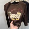 Camiseta de Manga Larga Suave de Terciopelo Cepillado Doble Cara Nueva Otoño/Invierno 2026 para Mujer con Elegante Estampado de Gato Top Base