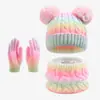 Conjunto de Três Peças de Chapéu de Tricô Quente para Outono e Inverno, Tie-Dye Degradê, com Forro de Lã e Espessado, Cachecol e Luvas para Crianças