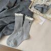 Calcetines Retro Trendy a Cuadros Gris Azul Personalizados de Encaje para Mujer con Moño, Botones y Accesorios de Perlas