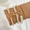 Pulsera Cruzada de Estilo Ins Europeo y Americano, Simple y Versátil, con Forma de Corazón y Luna Creciente, Pulsera de Perlas Artificiales en Capas de Moda
