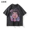 Cross-border atacado hip hop manga curta T-shirt masculina e feminina verão lavado retro angustiado em grife de moda americana high street manga solta meia manga