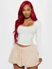 Bestseller Transfronterizo Europeo y Americano Encaje Cuadrado Escote Lazo Manga Larga Crop Top Tejido de Canalé Corte Ajustado Cutout Camiseta Chica Picante