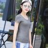 Camiseta de Algodão com Lycra de Manga Curta para Outono Cor Sólida Decote V Slim Fit Base Preta Decote Redondo Fábrica de Roupas Femininas Atacado