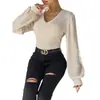 Body Elegante de Punto con Mangas de Linterna Acanaladas Cepilladas de Manga Larga con Cuello en V, Ajustado, Exclusivo Transfronterizo