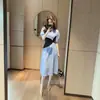 Roupas de verão: Estilo Francês, Super Estiloso, Vestido Único e Bonito para Mulheres, Tamanho Grande, Vestido Azul Patchwork para o Dia a Dia