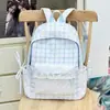 Mochila pequena xadrez azul claro com bolinhas de renda, estilo menina, macia, com sua própria atmosfera suave, bolsa de ombro dupla para estudante