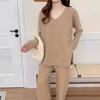 Traje de pantalón de pierna ancha de punto elegante con cuello en V de otoño transfronterizo para mujer, traje informal de dos piezas con estilo y estilo perezoso para otoño e invierno.