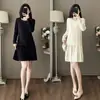 Vestido de Tricô Estilo Francês Inspirado em Chanel, Novo Design de Moda Outono, Vestido Base Patchwork, Saia Curta Plissada Vintage