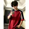 Camiseta Deportiva de Algodón Puro de Manga Corta para Hombre, Estilo Americano, Bloques de Color con Tres Rayas, para Verano, Juventud, Cuello Redondo, Diseño Holgado y Relajado