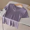 [Processamento e Personalização] Camiseta de Seda Feminina Gola Empilhada Manga Curta Solta Modeladora Top Seda Amora Cor Pura Decote V Camiseta para Usar por Baixo