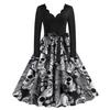 Ropa de Mujer para HalloweenFabricante de Comercio Exterior Transfronterizo Fuente de Suministro: Vestido de manga larga con cuello en V ondulado, bloques de color y falda amplia estampada