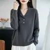 Estilo Old Money Temperamento Gola Botão Tricô de Lã Feminino 2026 Outono Inverno Novo Botão Meio Aberto Suéter de Tricô Trançado