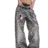 Moda Retro de la Calle Principal Americana Cintura Doble Jeans Casuales Estampado de Leopardo Impresión 3D para Hombre Otoño Pantalones Anchos Largos con Caída
