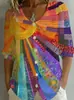 Camisa de Verano Transfronteriza 2026, Estilo Nuevo, Parches de Colores, Estampada, Cuello en V para Mujer, Top Holgado para Mujer con Mangas de Tres Cuartos