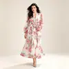 Vestido maxi com estampa de renda transfronteiriça, saia godê, gola alta, mangas bufantes e design de amarração na cintura - moda feminina outono, fornecimento direto da fonte