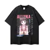 Camiseta de talla grande, corte holgado, hombros caídos, cuello redondo, manga corta, camiseta de manga larga negra con lavado desgastado y estampado de anime japonés, en stock