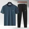 Conjunto de Verão Masculino Novo para Casal Transfronteiriço Camiseta de Seda Gelada Respirável Fresca Calça Longa Esportiva Casual Conjunto de Duas Peças para Homem