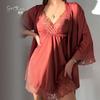 Robe de Cetim Guiruo Decote em V Profundo Bordado de Renda Lingerie Sexy Alça Fina Roupa de Dormir Casual Confortável Roupa de Casa conjunto 267