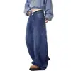 Pantalones vaqueros de diseño retro americano de bolsillo grande con dobladillo curvo para hombre y mujer, pantalones anchos bordados holgados de longitud hasta el suelo, venta al por mayor transfronteriza