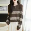 Tejido de punto a rayas retro de manga larga para mujer 2026 Otoño Invierno Nuevo Estilo perezoso suelto Suéter suave y esponjoso Top de capa base