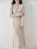 Vestido Tricot Gola V 100% Lã para Mulheres no Outono e Inverno, Vestido Suéter com Efeito Emagrecedor na Cintura, Vestido Longo de Cashmere para Usar por Baixo