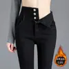 Jeans Feminino Cintura Alta Emagrecedor 2025 Nova Primavera e Outono Forrado com Fleece Espessado Alta Elasticidade Calça Skinny