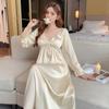 2024 Nuevo Camisón Estilo Francés Cuello en V Sexy Pijama de Seda de Hielo Ropa de Casa de Manga Larga para Mujer Primavera y Otoño con Almohadilla en el Pecho Sensación de Alta Gama