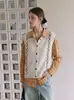 Chaleco tejido de cuello en V con patrón de diamantes estilo vintage francés para mujer, prenda exterior de principios de otoño, cárdigan suéter sin mangas, diseño único 2411