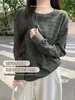 Camiseta de Tricô Listrada Colorida com Gola Redonda e Manga Longa Feminina Outono Inverno Solta Emagrecedora Estilo Coreano Preguiçoso Versátil Camada Base Top