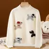 Suéter de punto 100% lana pura para niños con bordado de cachorro de caricatura, diseño unisex, de doble hebra, engrosado, jersey de manga larga