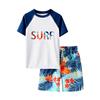 Roupa de Banho Infantil Meninos Conjunto Curto Manga Curta 2025 Nova Estampa de Letras Shorts de Praia Roupa de Banho Meninos Verão