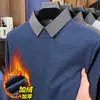 Suéter Masculino em Tricô Waffle com Lã Novo Estilo Outono/Inverno Gola Falso Duas Peças Forrado com Fleece Espesso Quente Camada Base