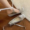 Sapatos de balé plus size estilo francês feminino retrô bico quadrado laço primavera e verão novo cetim rasteirinha mary jane