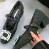 Sapatos Mary Jane Femininos de Lã com Salto Grosso Estilo Francês, Bico Quadrado, Strass, Sapatos de Algodão Versáteis para Moda