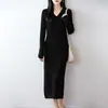 Vestido de mujer de manga larga con cuello en V, 100% lana pura, corte ajustado con diseño de canalé, falda larga interior, nuevo estilo otoño e invierno