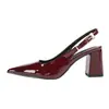 Sandalias de Moda Europeas y Americanas de Charol Borgoña con Punta Fina, Tacón Alto Grueso, sin Talón y Punta Cerrada para Comercio Exterior Transfronterizo